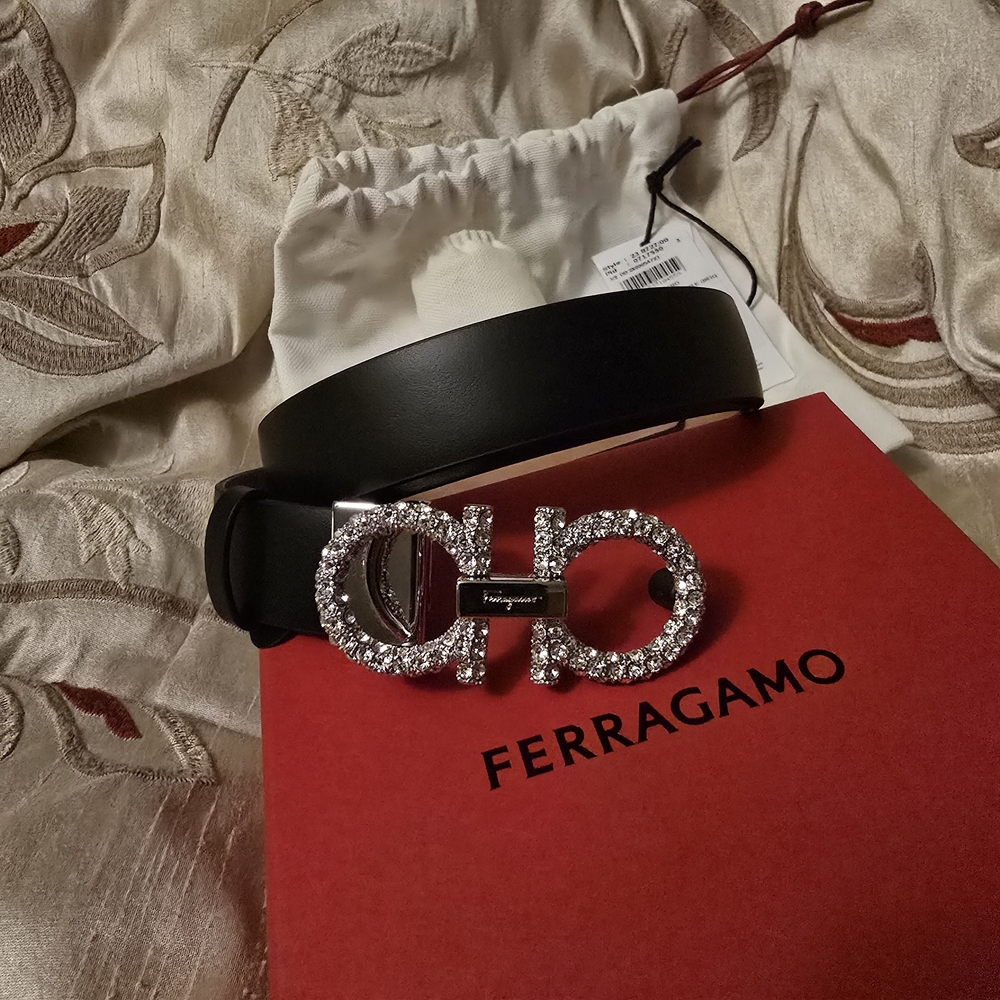 Salvatore Ferragamo Black Belt with Silver Crystal Buckle